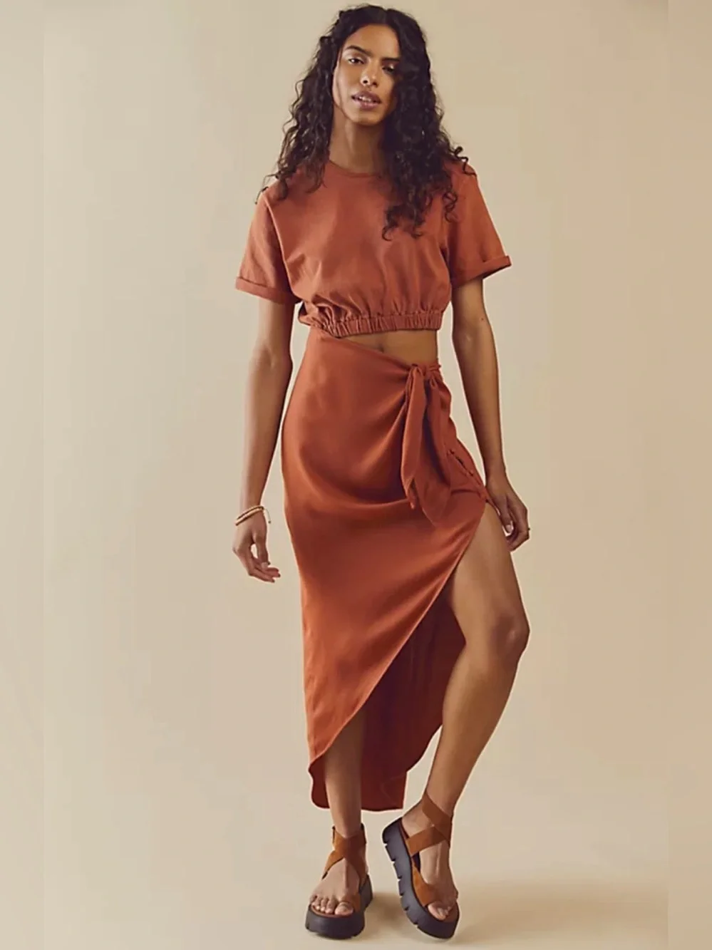 Rust Wrap Midi Skirt with Side Tie and Top